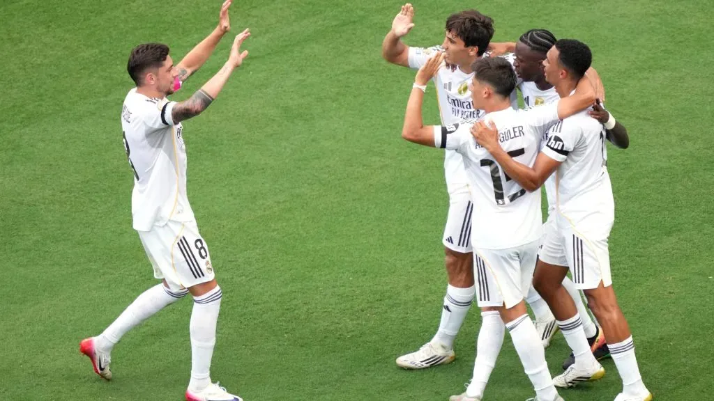 Arda Gueler #15 of Real Madrid C. F. celebrates scoring his teamās second goal with his teammates during the FIFA Club World Cup 2025. (Michael Owens/Getty Images)