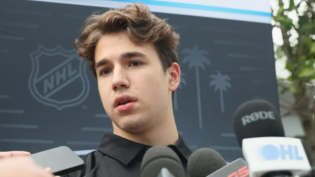 Michael Misa speaks with the media during the National Hockey League Top Prospects Media Availability at the JW Marriott LA Live on June 26, 2025. (Source: Bruce Bennett/Getty Images)