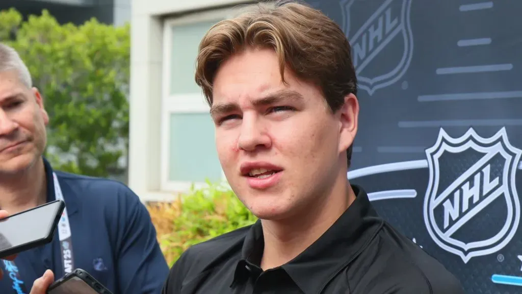 Anton Frondell speaks with the media during the National Hockey League Top Prospects Media Availability at the JW Marriott LA Live on June 26, 2025. (Source: Bruce Bennett/Getty Images)