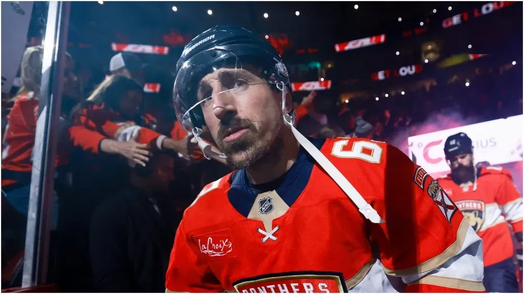 Brad Marchand #63 of the Florida Panthers takes the ice prior to Game Four of the Eastern Conference Final against the Carolina Hurricanes in the 2025 Stanley Cup Playoffs at Amerant Bank Arena on May 26, 2025 in Sunrise, Florida.