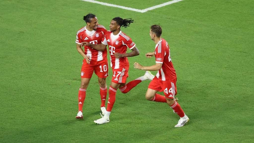 Michael Olise #17 of FC Bayern Munchen celebrates scoring his teamās second goal with teammates during the FIFA Club World Cup 2025 group C match against Boca Juniors. (Megan Briggs/Getty Images)