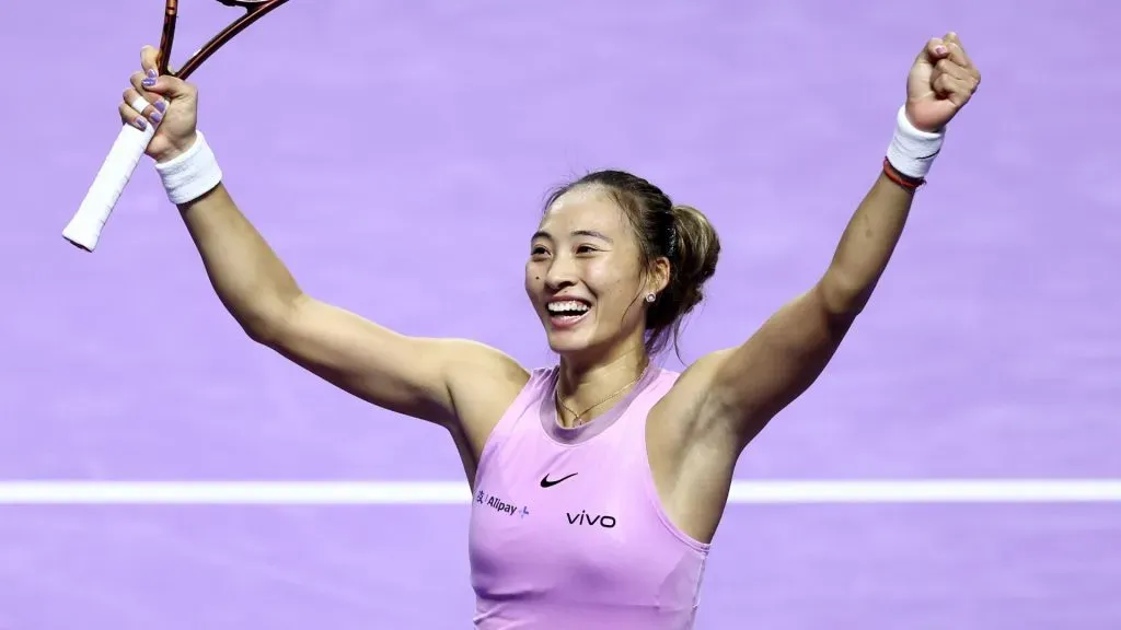 Qinwen Zheng of China celebrates her win after defeating Barbora Krejcikova of Czechia in their Women’s Semifinal Singles match during Day 7 of the 2024 WTA Finals. (Source: Katelyn Mulcahy/Getty Images for WTA)