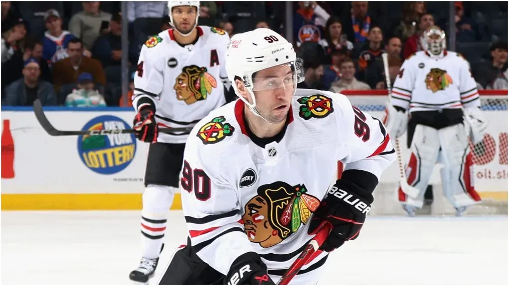Tyler Johnson #90 of the Chicago Blackhawks skates against the New York Islanders at UBS Arena on April 02, 2024 in Elmont, New York.