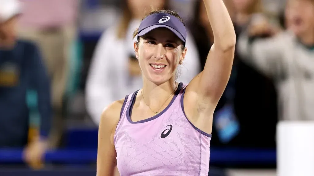 Belinda Bencic of Switzerland celebrates victory over Elena Rybakina of Kazakhstan in the semi final match during day six of the Mubadala Abu Dhabi Open in 2025. (Source: Christopher Pike/Getty Images)