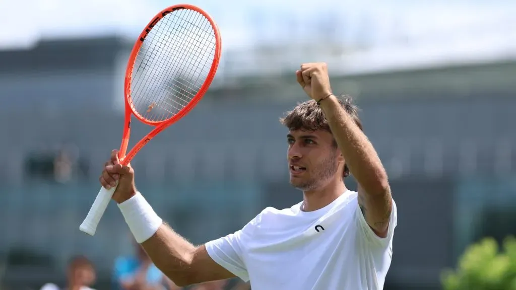 Flavio Cobolli celebrates his victory against Jack Pinnington Jones during the Gentlemen’s Singles second round match on day four of The Championships Wimbledon 2025. (Source: Dan Istitene/Getty Images)