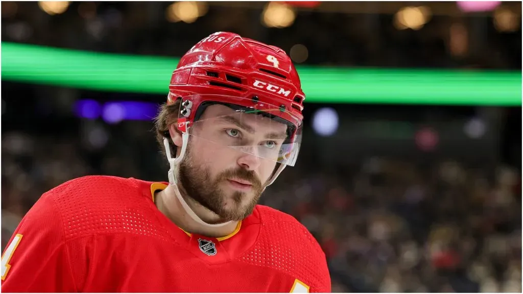 Rasmus Andersson #4 of the Calgary Flames waits for a faceoff in the second period of a game against the Vegas Golden Knights at T-Mobile Arena on January 13, 2024 in Las Vegas, Nevada.