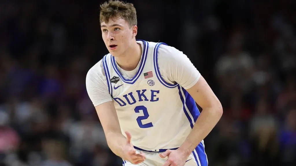 Cooper Flagg #2 of the Duke Blue Devils reacts during the first half in the Final Four game of the NCAA Men’s Basketball Tournament against the Houston Cougars. (Alex Slitz/Getty Images)