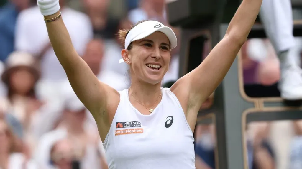 Belinda Bencic of Switzerland celebrates following her victory against Mirra Andreeva during the Ladies’ Singles quarter-final match on day ten of The Championships Wimbledon 2025. (Source: Clive Brunskill/Getty Images)