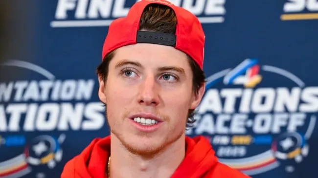 Mitch Marner #16 of Canada takes questions during media day ahead of the 2025 NHL 4 Nations Face-Off at the Bell Centre on February 11, 2025. (Source: Minas Panagiotakis/Getty Images)