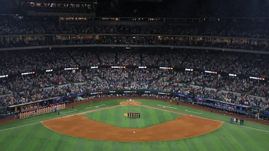 The umpire crew observes a Stand Up 2 Cancer moment during the 94th MLB All-Star Game presented by Mastercard at Globe Life Field on July 16, 2024. (Source: Richard Rodriguez/Getty Images)