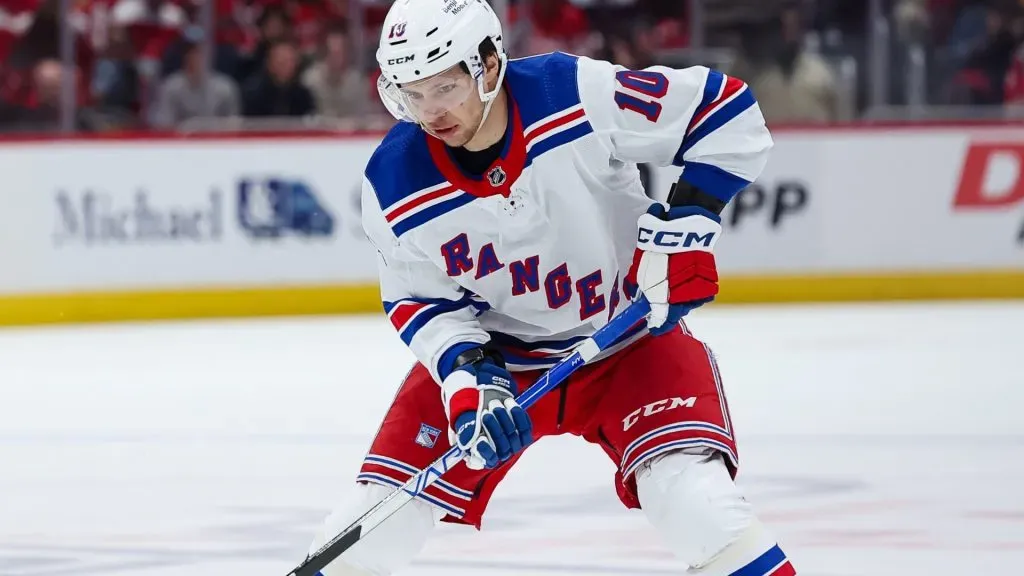 Artemi Panarin #10 of the New York Rangers skates with the puck against the Washington Capitals during the third period in Game Four of the First Round of the 2024 Stanley Cup Playoffs at Capital One Arena on April 28, 2024 in Washington, DC. (Photo by Scott Taetsch/Getty Images)