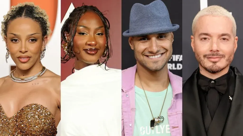 Doja Cat, Tems, J Balvin and Emmanuel Kelly in 2025. (Source: Neilson Barnard/Getty Images for Vanity Fair — Tomohiro Ohsumi/Getty Images for Omega — Michael Loccisano/Getty Images — Frazer Harrison/Getty Images)