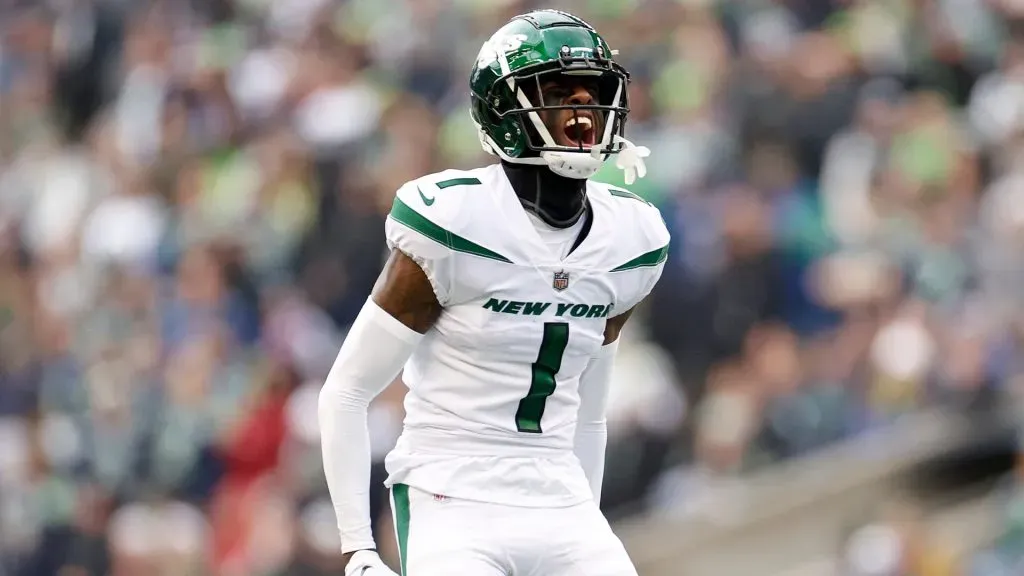 Sauce Gardner #1 of the New York Jets reacts during the second quarter against the Seattle Seahawks at Lumen Field on January 01, 2023. (Source: Steph Chambers/Getty Images)