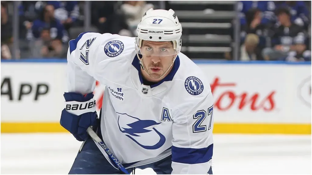 Ryan McDonagh #27 of the Tampa Bay Lightning waits for a faceoff against the Toronto Maple Leafs during the third period in an NHL game at Scotiabank Arena on January 20, 2025 in Toronto, Ontario, Canada.