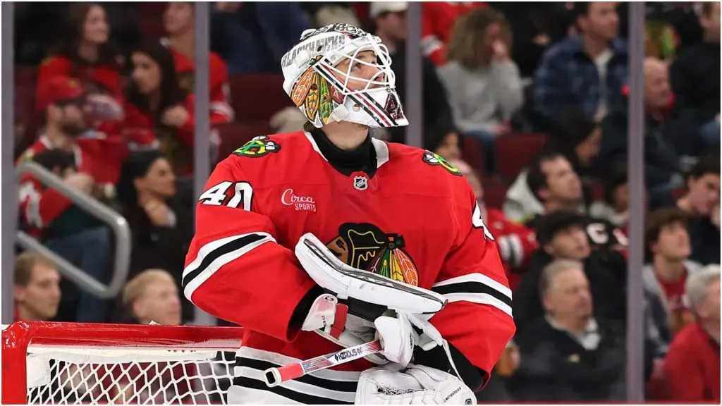 Arvid Soderblom #40 of the Chicago Blackhawks reacts after allowing a goal against the New York Rangers during the second period at the United Center on January 05, 2025 in Chicago, Illinois