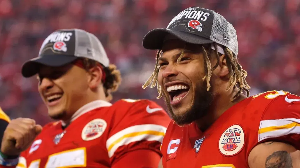 Tyrann Mathieu #32 of the Kansas City Chiefs celebrates after defeating the Tennessee Titans in the AFC Championship Game at Arrowhead Stadium on January 19, 2020 in Kansas City, Missouri.