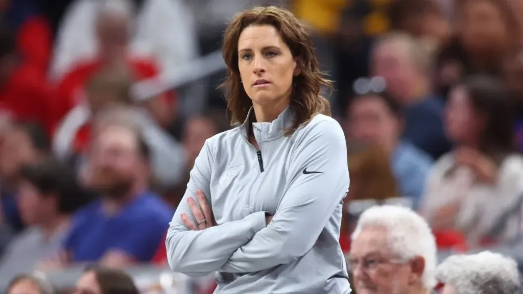 Stephanie White head coach of the Indiana Fever looks on during the first half against the Washington Mystics at Gainbridge Fieldhouse on May 3, 2025. (Source: Geoff Stellfox/Getty Images)