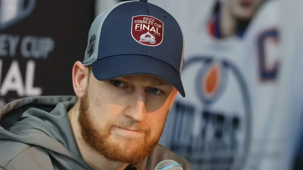 Nathan MacKinnon #29 of the Colorado Avalanche speaks with the media during the 2022 NHL Stanley Cup Final Media Day at Ball Arena on June 14, 2022 in Denver, Colorado.