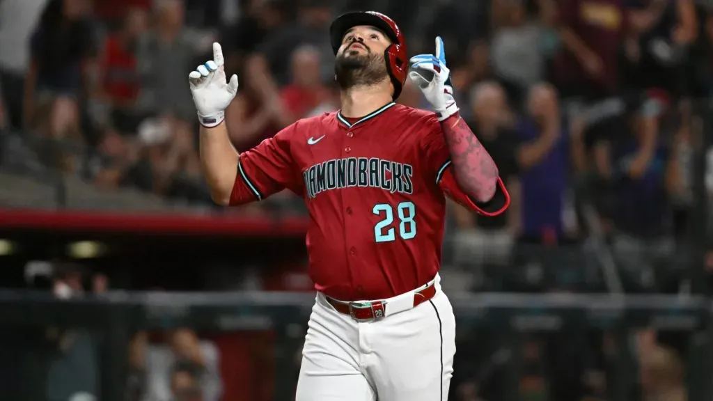 Eugenio Suarez #28 of the Arizona Diamondbacks reacts after hitting a solo home run against the Houston Astros during the third inning at Chase Field on July 21, 2025 in Phoenix, Arizona. (Photo by Norm Hall/Getty Images)