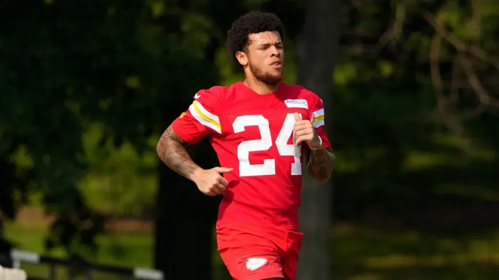 Skyy Moore #24 of the Kansas City Chiefs runs the field during training camp at Missouri Western State University on August 02, 2025 in St Joseph, Missouri.