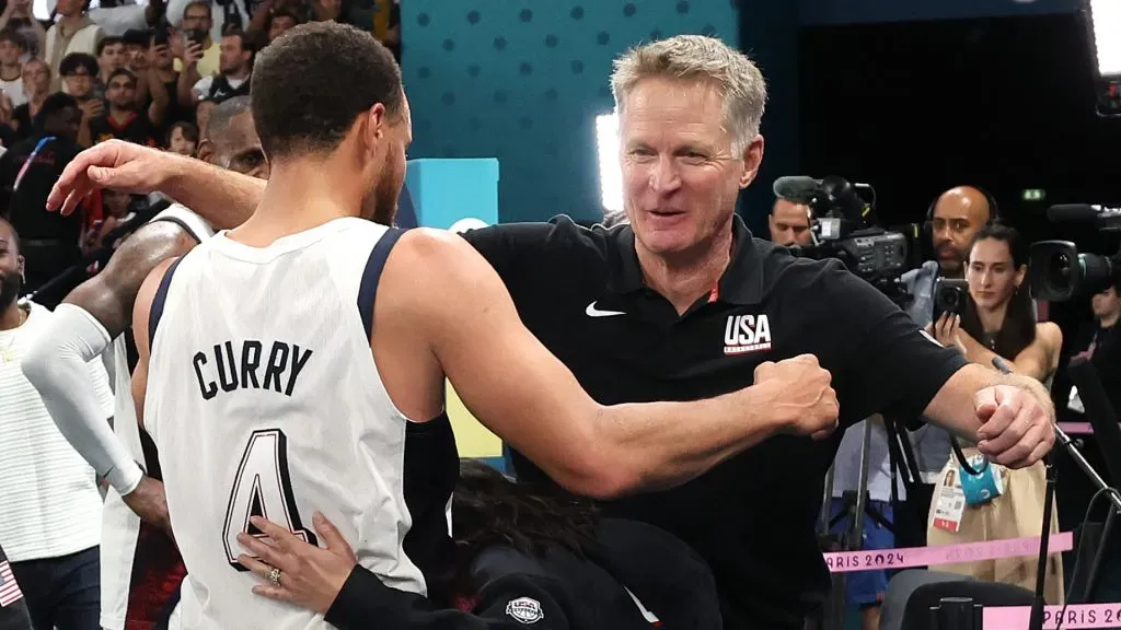 Steve Kerr celebrating a victory against Serbia in 2024 Olympic Games