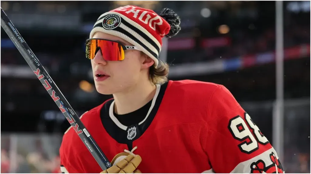 Connor Bedard #98 of the Chicago Blackhawks warms up prior to the 2024 NHL Winter Classic against the St. Louis Blues at Wrigley Field on December 31, 2024 in Chicago, Illinois.