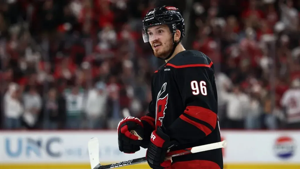 Jack Roslovic #96 of the Carolina Hurricanes looks on during the third period in Game Three of the Second Round of the 2025 Stanley Cup Playoffs at Lenovo Center against the Washington Capitals at Lenovo Center on May 10, 2025 in Raleigh, North Carolina. (Photo by Jared C. Tilton/Getty Images)