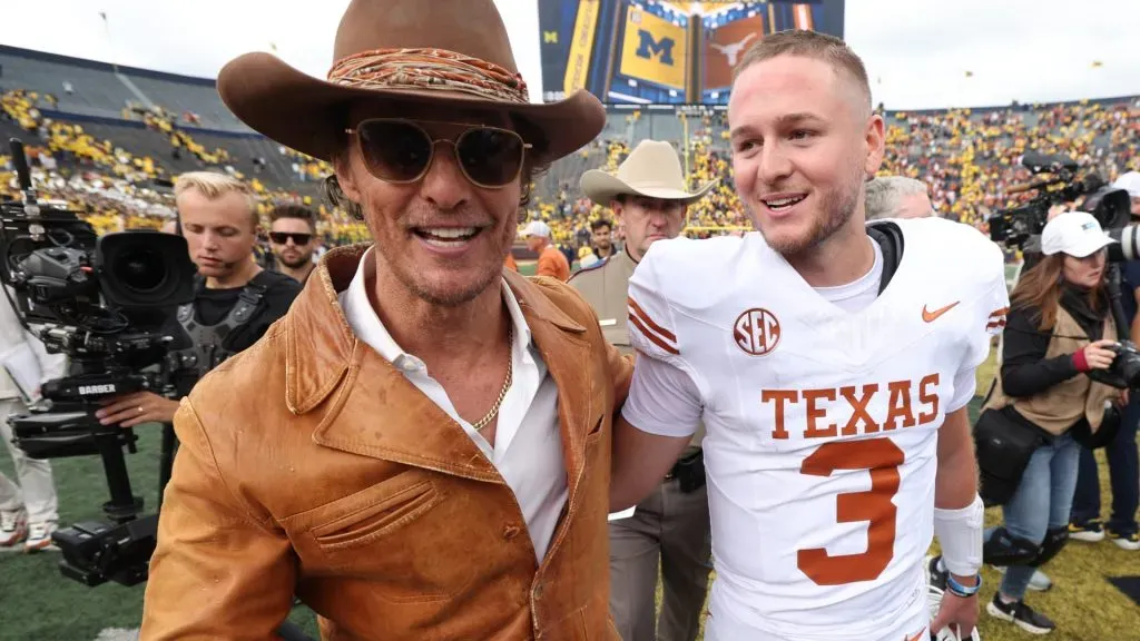 Matthew McConaughey celebrates with Quinn Ewers #3 of the Texas Longhorns after a 31-12 victory against the Michigan Wolverines at Michigan Stadium on September 07, 2024. (Source: Gregory Shamus/Getty Images)