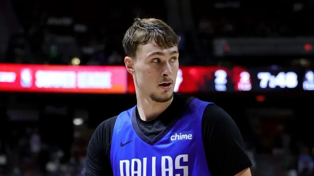 Cooper Flagg #32 of the Dallas Mavericks walks on the court during a break in the second half of a 2025 NBA Summer League game against the San Antonio Spurs