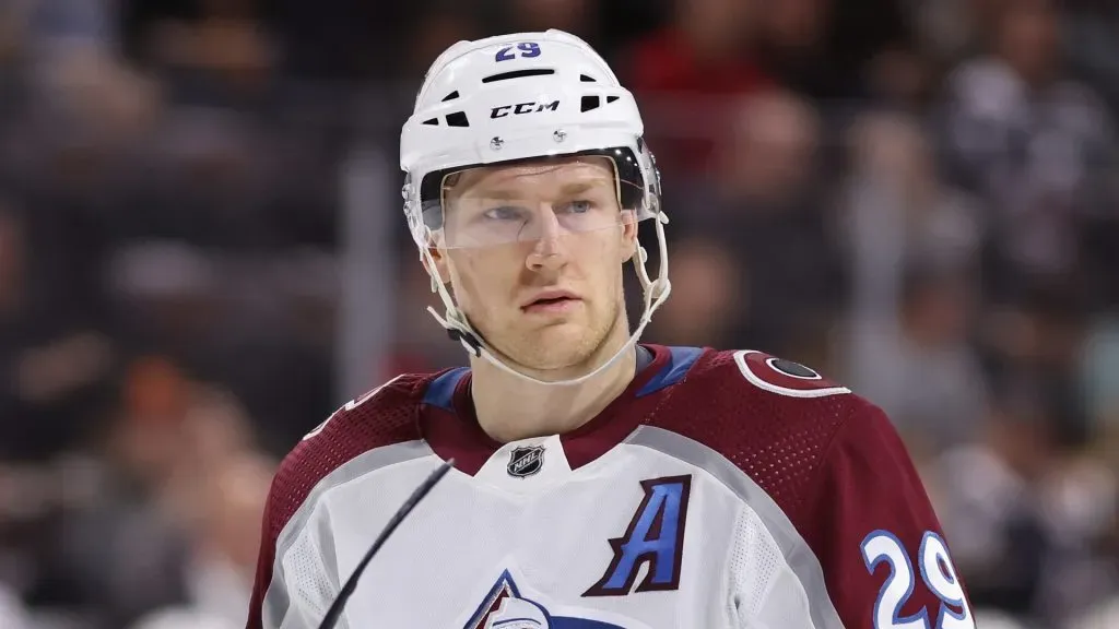 Nathan MacKinnon #29 of the Colorado Avalanche during the NHL game at Mullett Arena on December 27, 2023 in Tempe, Arizona. The Coyotes defeated the Avalanche 5-4 in overtime.