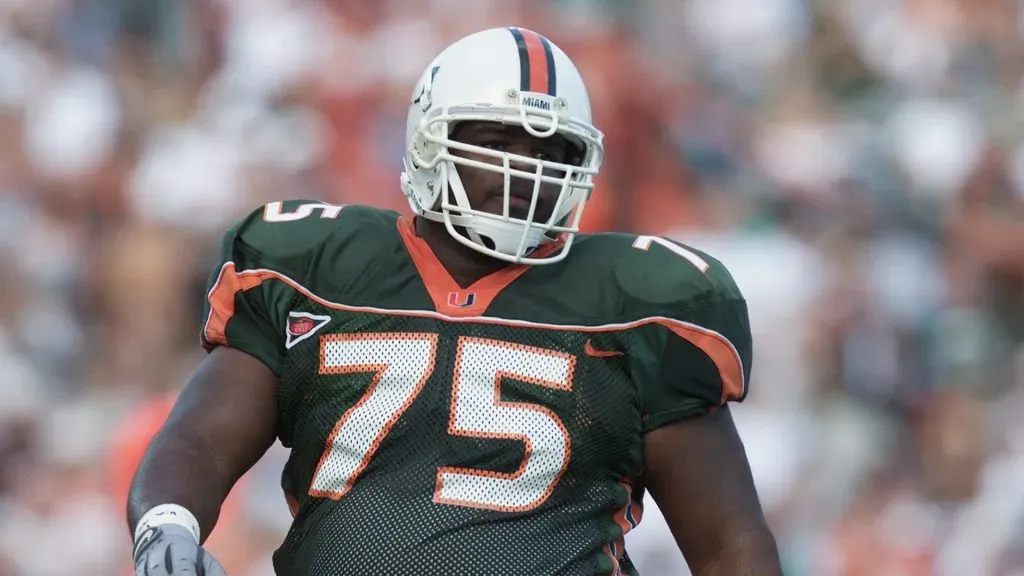 Defensive end Vince Wilfork #75 of the Miami Hurricanes stands on the field during the Big East Conference football game against the Syracuse Orangemen on November 17, 2001. (Source: Eliot Schechter/Getty Images)
