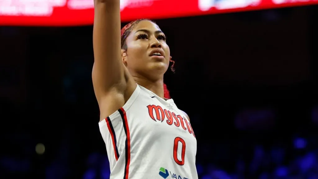 Shakira Austin #0 of the Washington Mystics watches her shot against the Dallas Wings during the second half at College Park Center on June 28, 2025. (Source: Ron Jenkins/Getty Images)