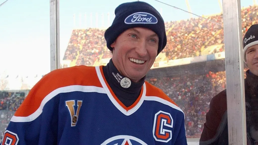 Wayne Gretzky #99 of the Edmonton Oilers smiles during the Molson Canadien Heritage Classic against the Montreal Canadiens on November 22, 2003 at Commonwealth Stadium in Edmonton, Canada. The Oilers defeated the Canadiens 2-0.