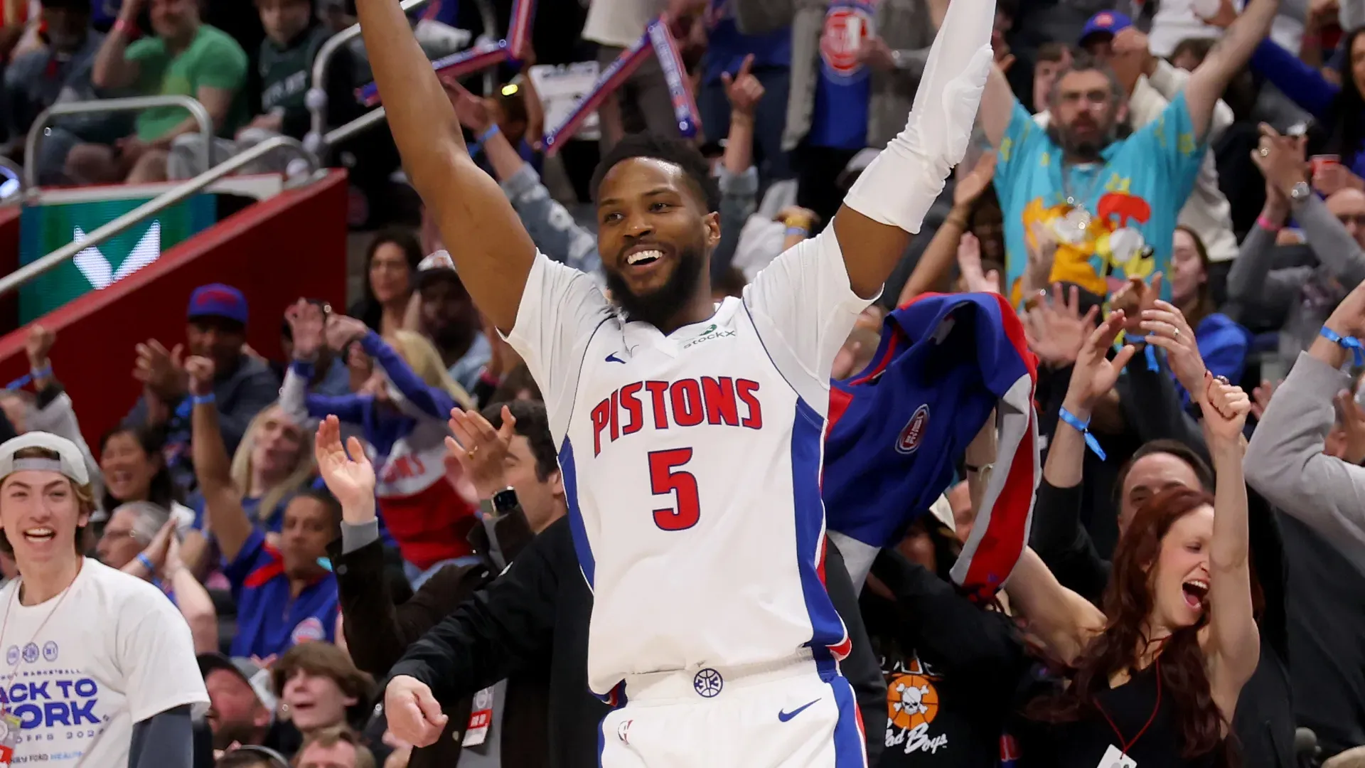 Malik Beasley #5 of the Detroit Pistons reacts in Game Four of the Eastern Conference First Round NBA Playoffs against the New York Knicks