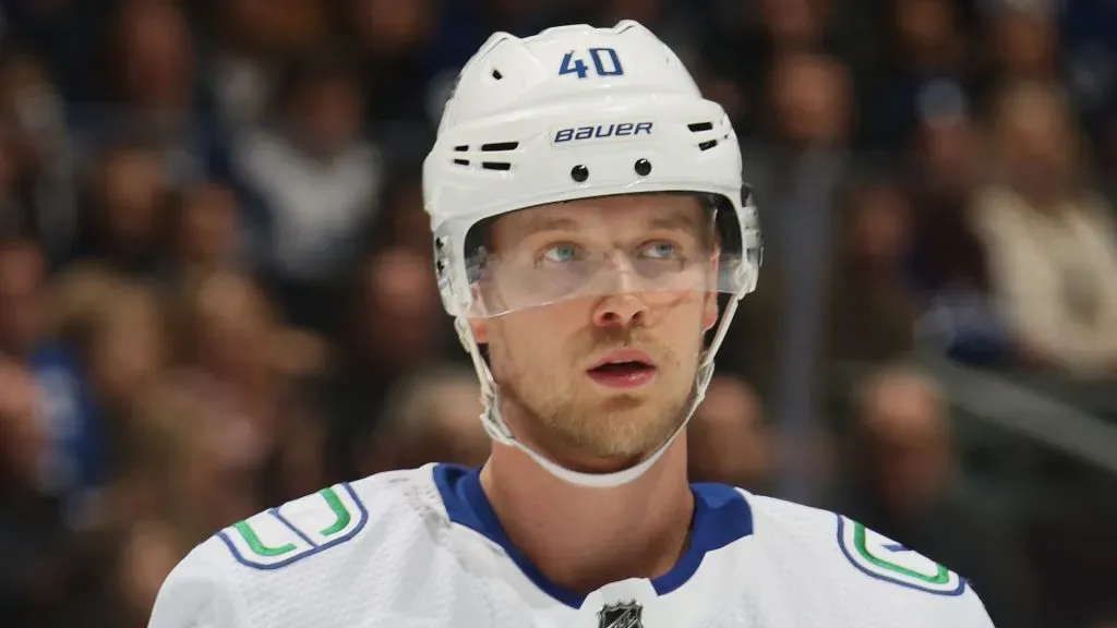 Elias Pettersson #40 of the Vancouver Canucks skates against the Toronto Maple Leafs at Scotiabank Arena on November 11, 2023 in Toronto, Ontario, Canada.