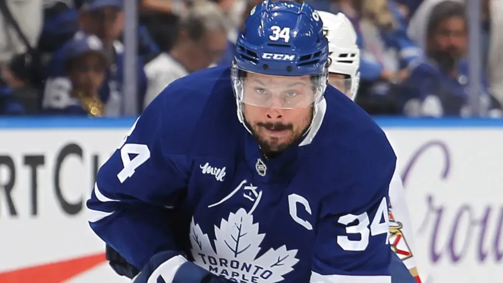 Auston Matthews #34 of the Toronto Maple Leafs skates with the puck. (Photo by Claus Andersen/Getty Images)