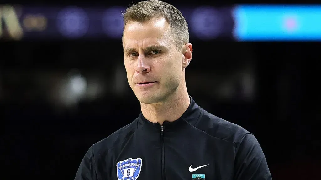 Head Coach Jon Scheyer of the Duke Blue Devils reacts during the Final Four game of the NCAA Men's Basketball Tournament against the Houston Cougars at the Alamodome on April 05, 2025 in San Antonio, Texas.
