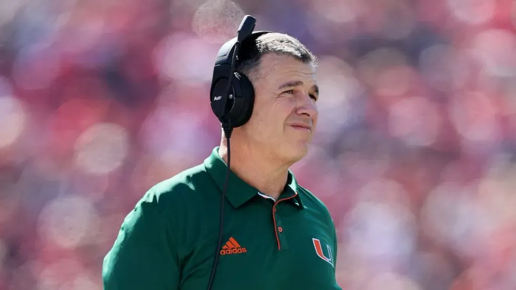 Mario Cristobal looks on during a Miami Hurricanes game