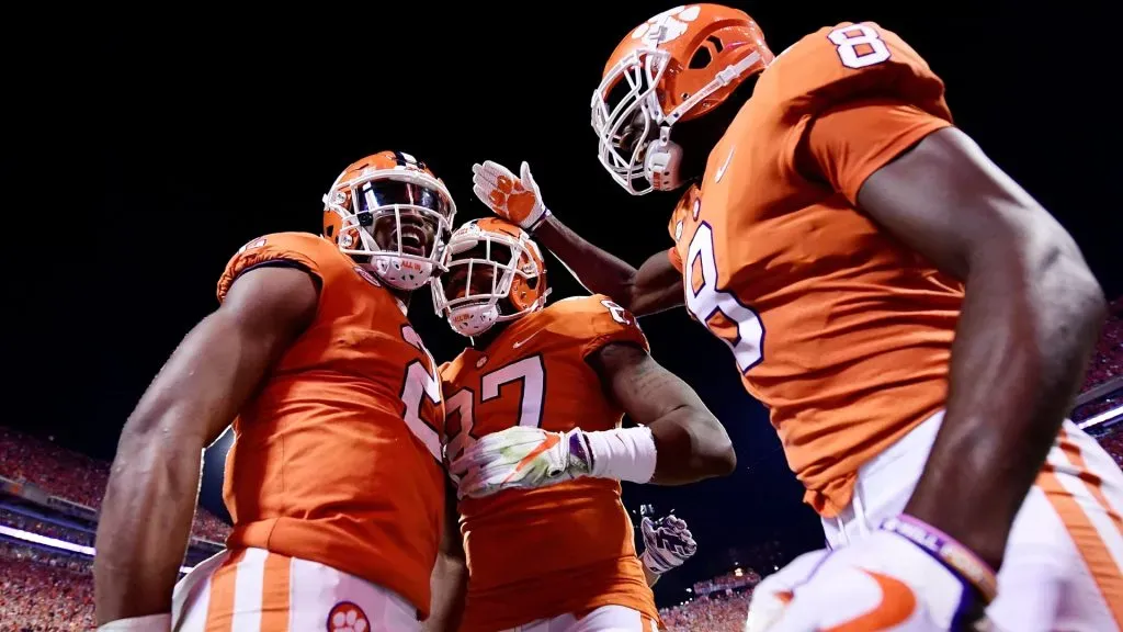Kelly Bryant, Deon Cain and D.J. Greenlee #87 of the Clemson Tigers in 2017. (Source: Mike Comer/Getty Images)