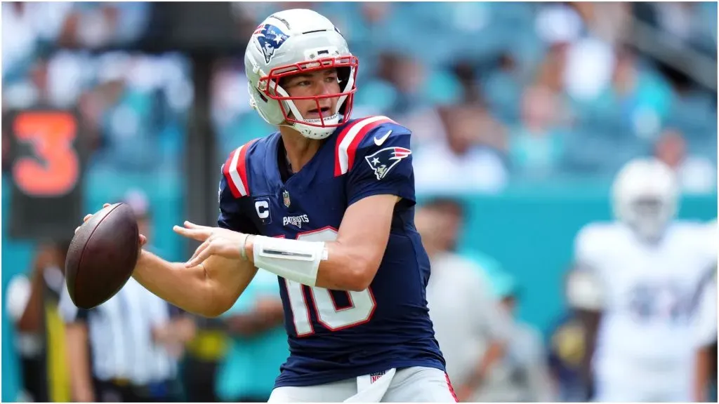 Quarterback Drake Maye of the New England Patriots – Rich Storry/Getty Images