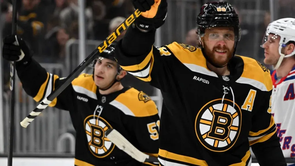 David Pastrnak #88 of the Boston Bruins reacts after he scored a goal. (Photo by Brian Fluharty/Getty Images)