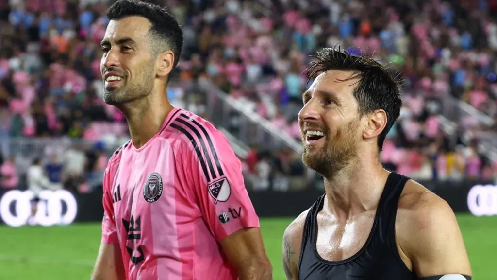 Lionel Messi and Sergio Busquets looking up with Inter Miami