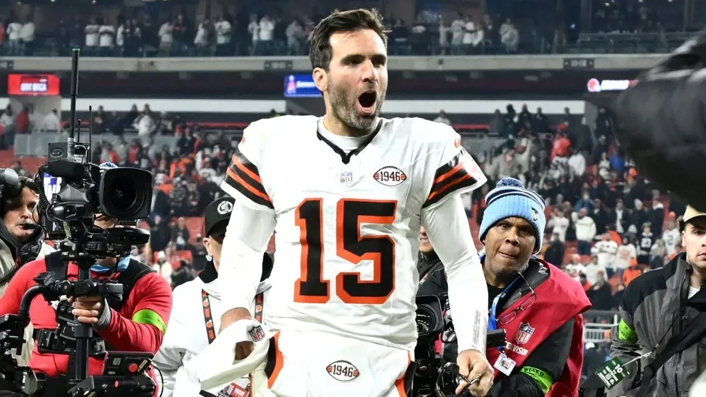 Joe Flacco celebrates after defeating the New York Jets in 2023. (Source: Nick Cammett/Getty Images)