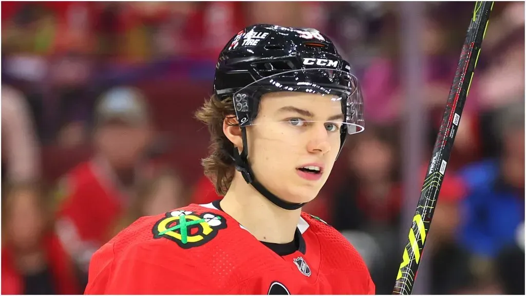 Connor Bedard #98 of the Chicago Blackhawks looks on against the Montreal Canadiens during the second period at the United Center on December 22, 2023 in Chicago, Illinois.
