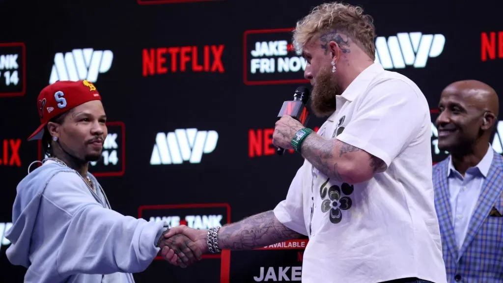Gervonta “Tank” Davis and Jake Paul shake hands at news conference for their exhibition match. Leonardo Fernandez/Getty Images