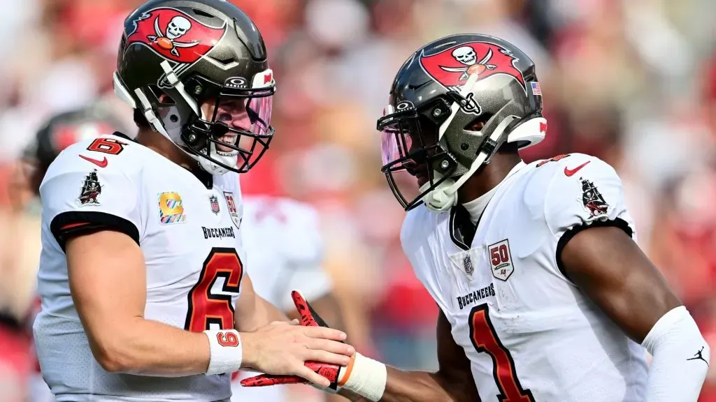 Rachaad White with Baker Mayfield