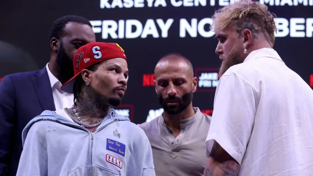 Gervonta “Tank” Davis and Jake Paul face off at news conference for their exhibition match. Leonardo Fernandez/Getty Images
