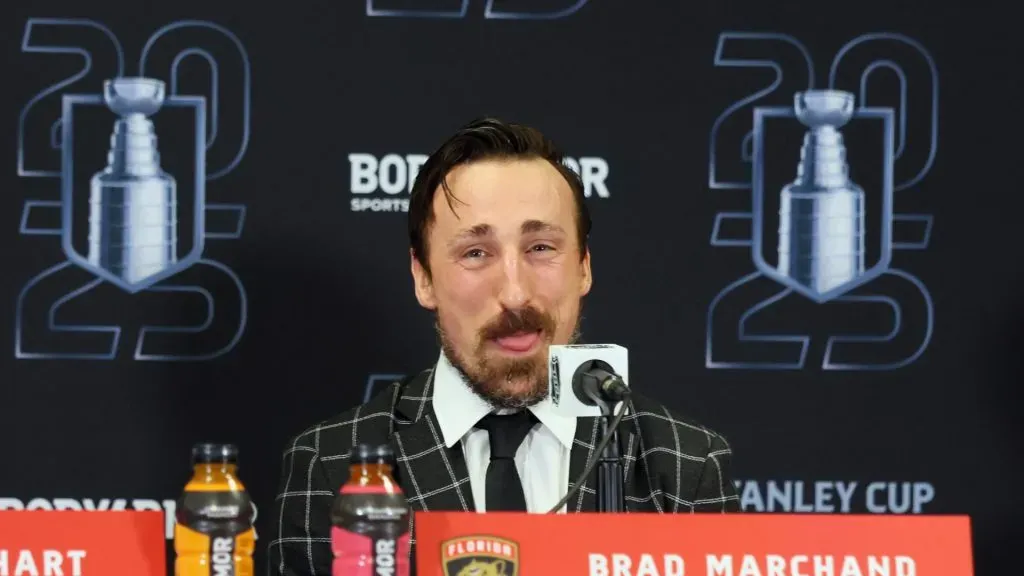 Brad Marchand speaking with the media