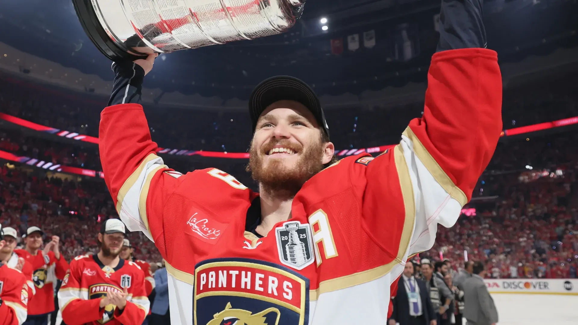 Matthew Tkachuk #19 of the Florida Panthers celebrates the Stanley Cup victory. Bruce Bennett/Getty Images