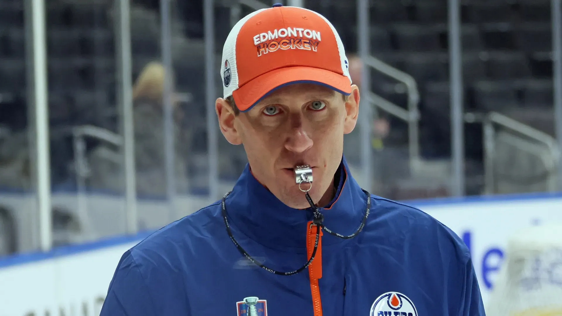 Head coach Kris Knoblauch of the Edmonton Oilers takes part in practice during the off day between games against the Florida Panthers in the 2024 NHL Stanley Cup Final at Rogers Place on June 12, 2024 in Edmonton, Alberta, Canada.